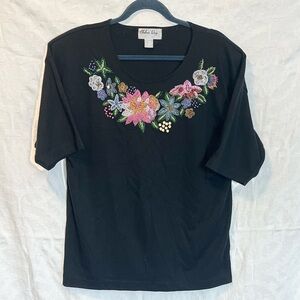 Chelsea Way Vintage Black Floral Beaded Top, Size L